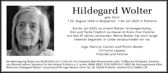 Anzeige von Hildegard Wolter von Kölner Stadt-Anzeiger / Kölnische Rundschau / Express
