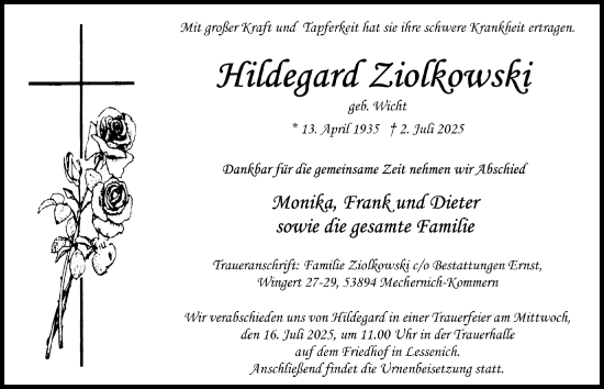Anzeige von Hildegard Ziolkowski von  Blickpunkt Euskirchen 
