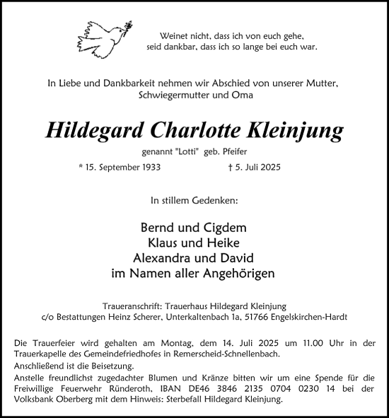 Anzeige von Hildegard Charlotte Kleinjung von  Anzeigen Echo 