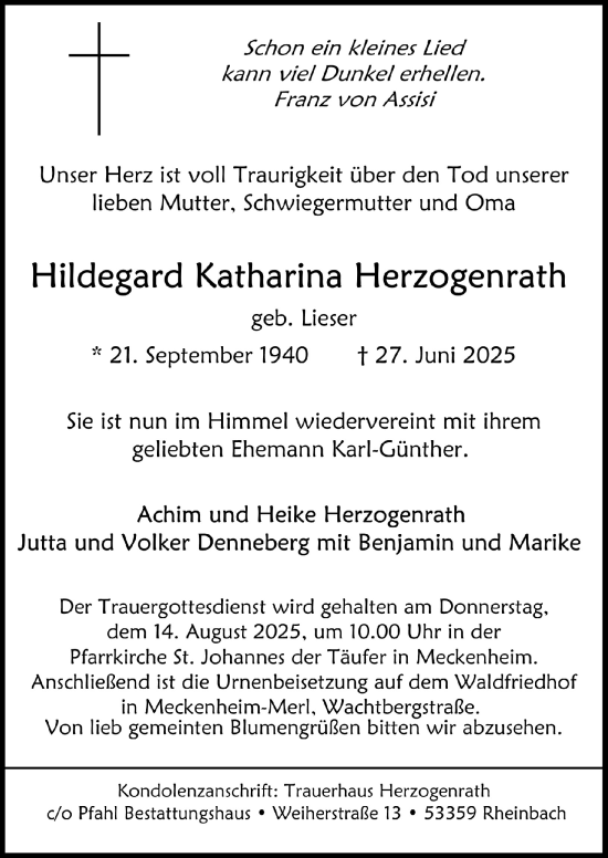Anzeige von Hildegard Katharina Herzogenrath von  Schaufenster/Blickpunkt 