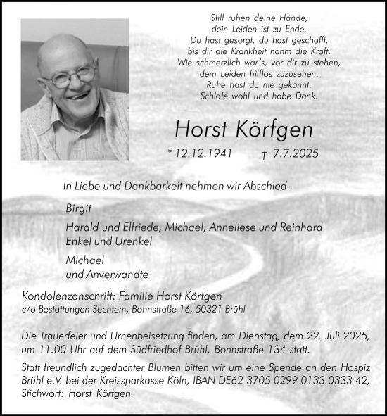 Anzeige von Horst Körfgen von  Schlossbote/Werbekurier 