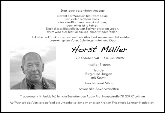 Anzeige von Horst Müller von Kölner Stadt-Anzeiger / Kölnische Rundschau / Express