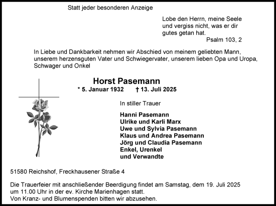 Anzeige von Horst Pasemann von Kölner Stadt-Anzeiger / Kölnische Rundschau / Express