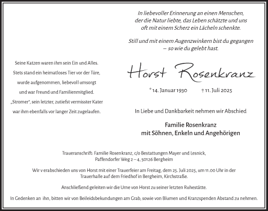 Anzeige von Horst Rosenkranz von  Werbepost 