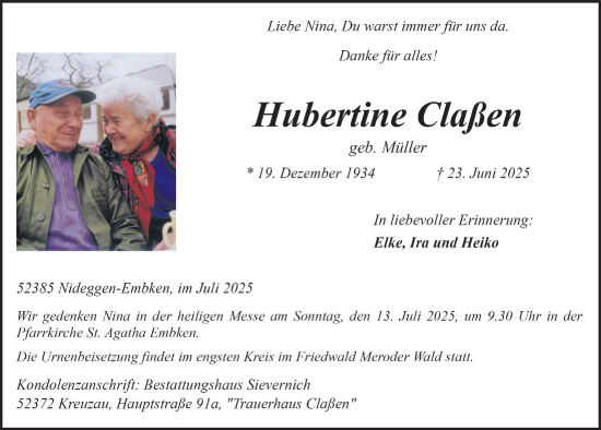 Anzeige von Hubertine Claßen von  Blickpunkt Euskirchen 