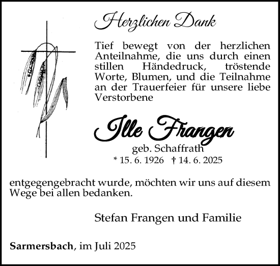 Anzeige von Ilse Frangen von Kölner Stadt-Anzeiger / Kölnische Rundschau / Express