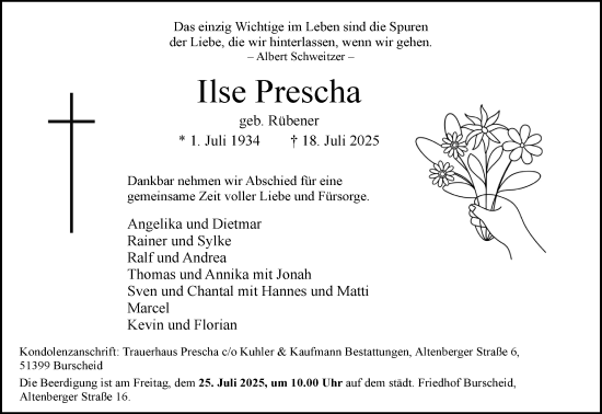 Anzeige von Ilse Prescha von Kölner Stadt-Anzeiger / Kölnische Rundschau / Express