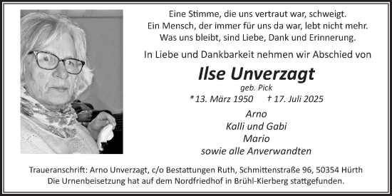 Anzeige von Ilse Unverzagt von  Schlossbote/Werbekurier 
