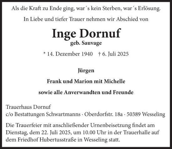Anzeige von Inge Dornuf von  Schlossbote/Werbekurier 