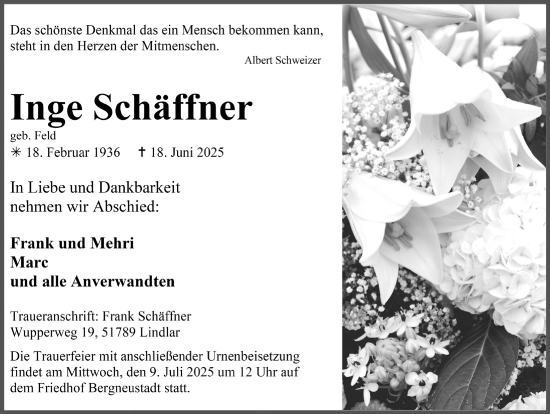Anzeige von Inge Schäffner von  Anzeigen Echo 