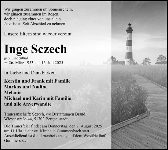 Anzeige von Inge Sczech von  Anzeigen Echo 