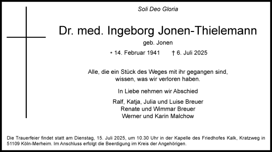 Anzeige von Ingeborg Jonen-Thielemann von Kölner Stadt-Anzeiger / Kölnische Rundschau / Express