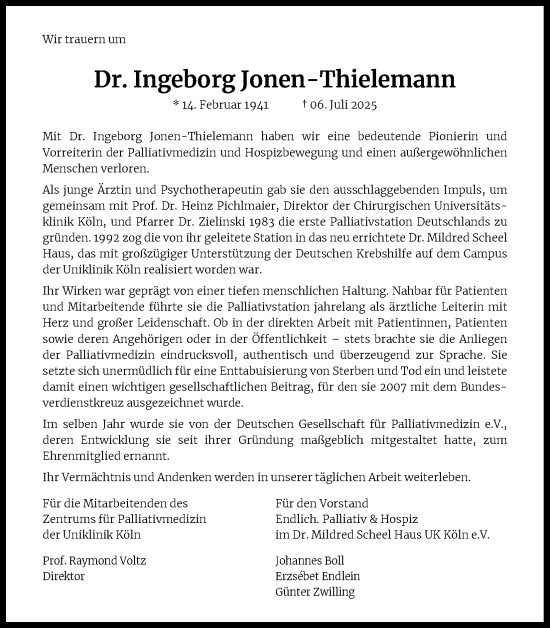 Anzeige von Ingeborg onen-Thielemann von Kölner Stadt-Anzeiger / Kölnische Rundschau / Express
