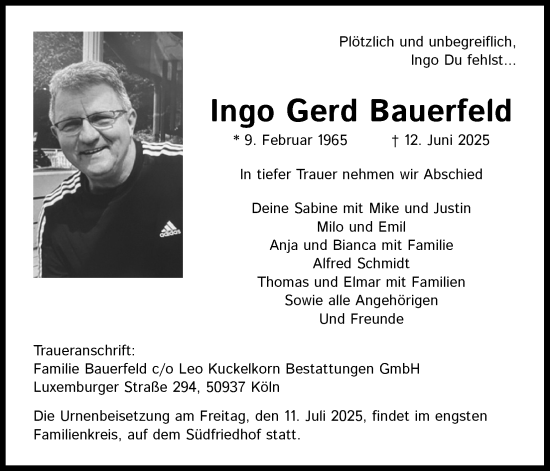 Anzeige von Ingo Gerd Bauerfeld von Kölner Stadt-Anzeiger / Kölnische Rundschau / Express
