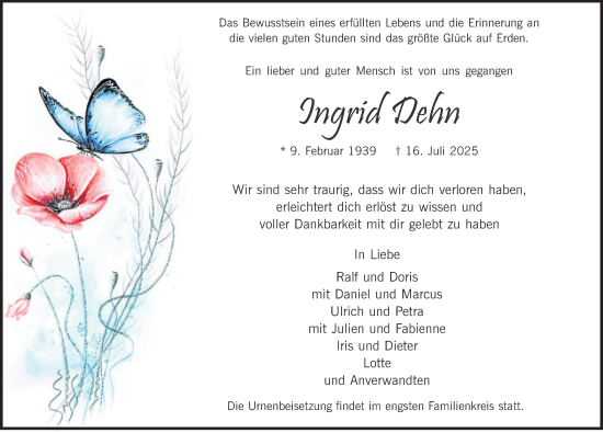 Anzeige von Ingrid Dehn von Kölner Stadt-Anzeiger / Kölnische Rundschau / Express