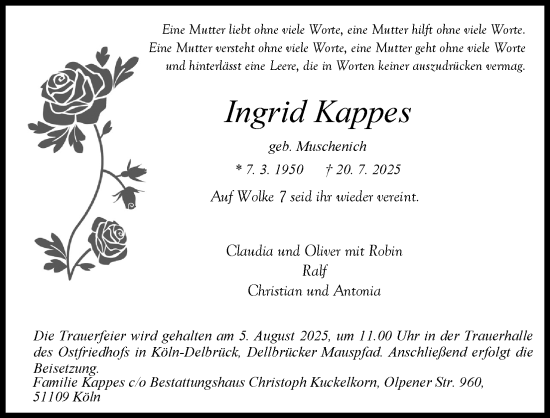 Anzeige von Ingrid Kappes von Kölner Stadt-Anzeiger / Kölnische Rundschau / Express