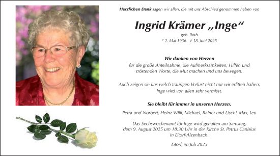 Anzeige von Ingrid Krämer von Kölner Stadt-Anzeiger / Kölnische Rundschau / Express