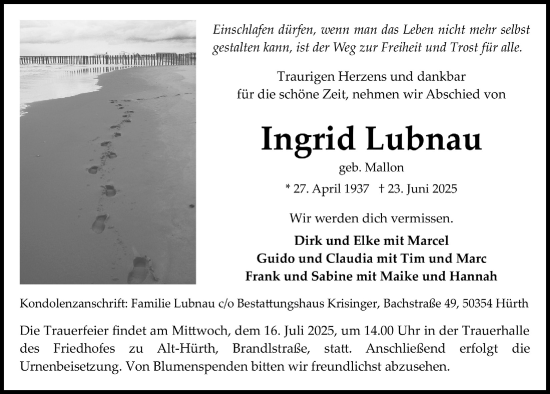 Anzeige von Ingrid Lubnau von  Wochenende 