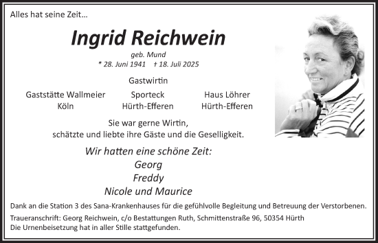 Anzeige von Ingrid Reichwein von  Wochenende 