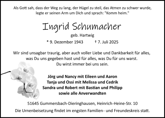 Anzeige von Ingrid Schumacher von  Anzeigen Echo 