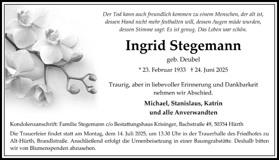 Anzeige von Ingrid Stegemann von  Wochenende 