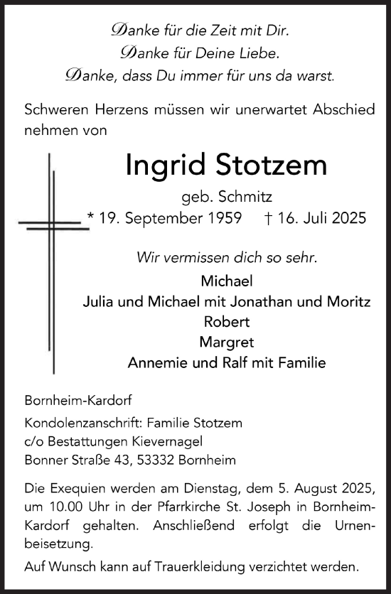 Anzeige von Ingrid Stotzem von  Schaufenster/Blickpunkt 