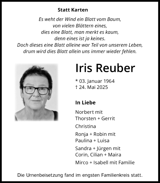 Anzeige von Iris Reuber von Kölner Stadt-Anzeiger / Kölnische Rundschau / Express