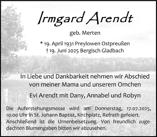 Anzeige von Irmgard Arendt von  Bergisches Handelsblatt 