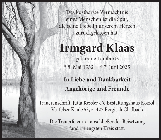 Anzeige von Irmgard Klaas von  Bergisches Handelsblatt 