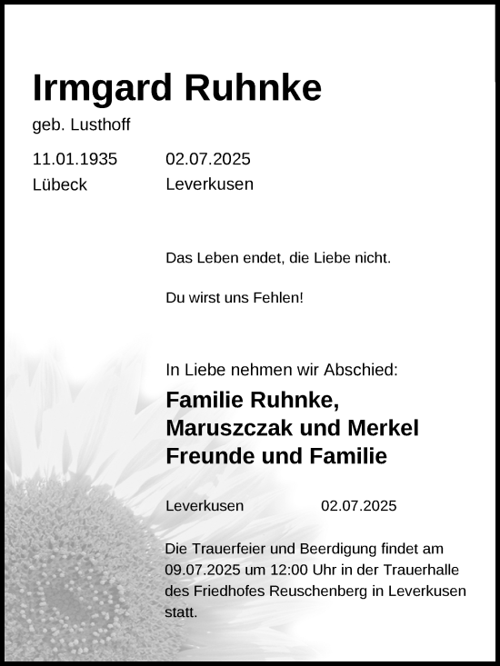 Anzeige von Irmgard Ruhnke von Kölner Stadt-Anzeiger / Kölnische Rundschau / Express