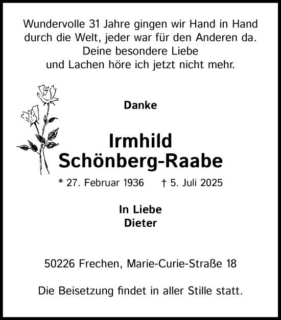 Anzeige von Irmhild Schönberg-Raabe von Kölner Stadt-Anzeiger / Kölnische Rundschau / Express