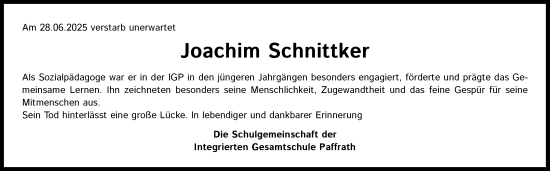 Anzeige von Joachim Schnittker von Kölner Stadt-Anzeiger / Kölnische Rundschau / Express