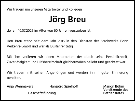 Anzeige von Jörg Breu von Kölner Stadt-Anzeiger / Kölnische Rundschau / Express