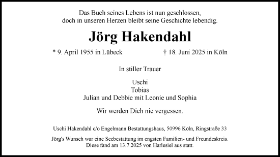 Anzeige von Jörg Hakendahl von Kölner Stadt-Anzeiger / Kölnische Rundschau / Express