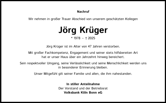 Anzeige von Jörg Krüger von Kölner Stadt-Anzeiger / Kölnische Rundschau / Express