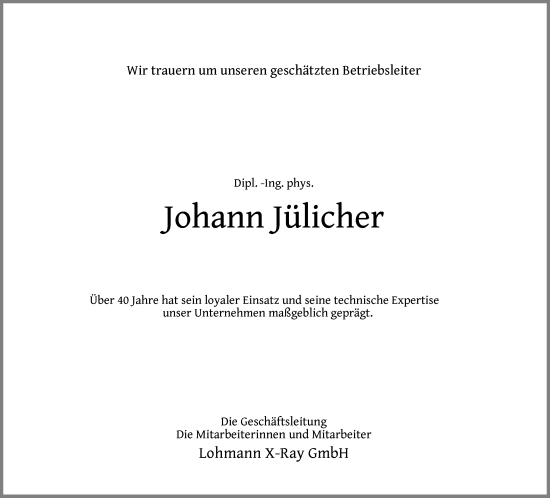 Anzeige von Johann Jülicher von Kölner Stadt-Anzeiger / Kölnische Rundschau / Express