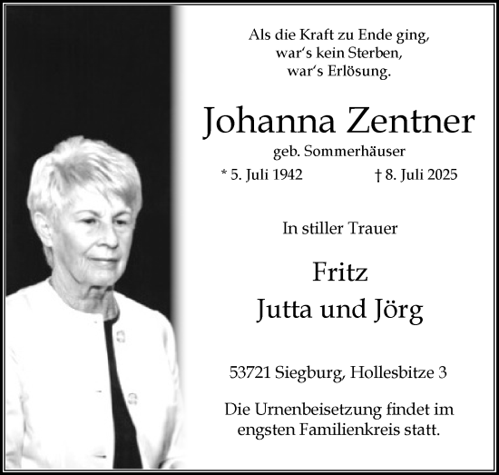 Anzeige von Johanna Zentner von Kölner Stadt-Anzeiger / Kölnische Rundschau / Express