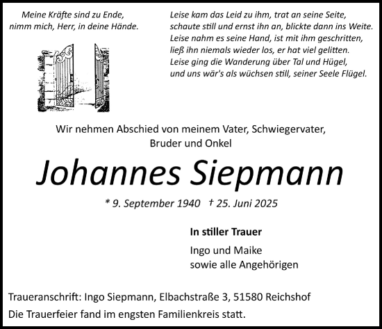 Anzeige von Johannes Siepmann von  Lokalanzeiger 