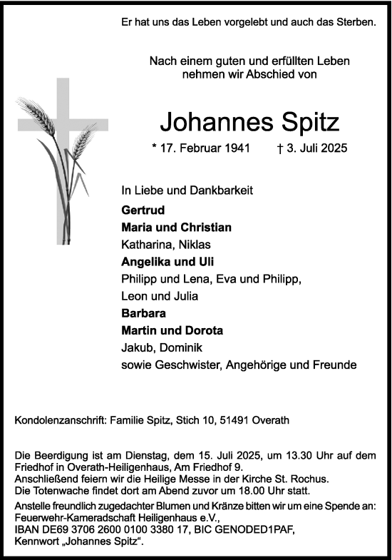 Anzeige von Johannes Spitz von Kölner Stadt-Anzeiger / Kölnische Rundschau / Express