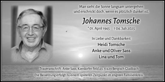 Anzeige von Johannes Tomsche von Kölner Stadt-Anzeiger / Kölnische Rundschau / Express