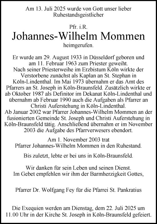 Anzeige von Johannes-Wilhelm Mommen von Kölner Stadt-Anzeiger / Kölnische Rundschau / Express