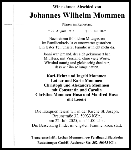 Anzeige von Johannes Wilhelm Mommen von Kölner Stadt-Anzeiger / Kölnische Rundschau / Express