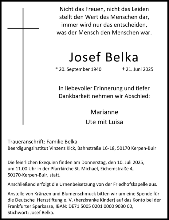 Anzeige von Josef Belka von  Werbepost 
