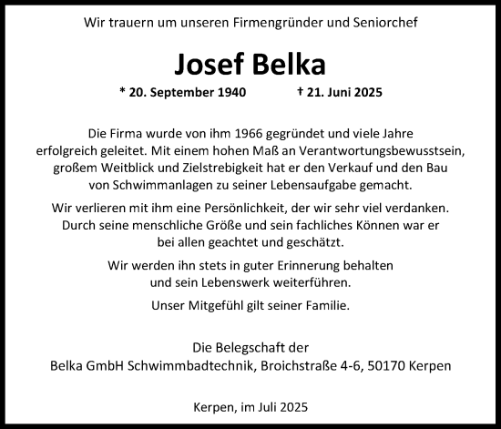 Anzeige von Josef Belka von Kölner Stadt-Anzeiger / Kölnische Rundschau / Express