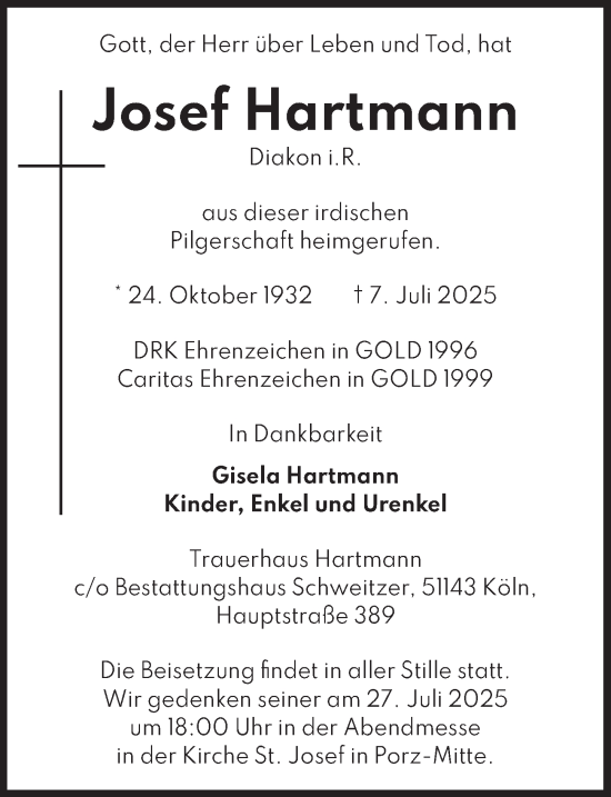 Anzeige von Josef Hartmann von  EXPRESS - Die Woche 