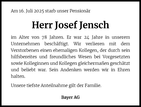 Anzeige von Josef Jensch von Kölner Stadt-Anzeiger / Kölnische Rundschau / Express