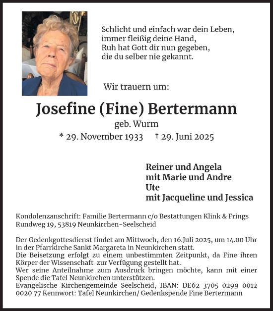 Anzeige von Josefine Bertermann von Kölner Stadt-Anzeiger / Kölnische Rundschau / Express