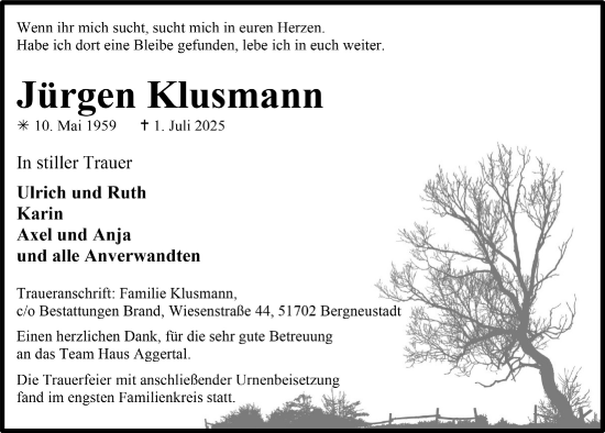 Anzeige von Jürgen Klusmann von  Anzeigen Echo 