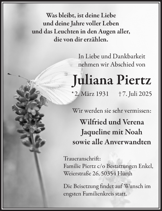 Anzeige von Juliana Piertz von  Wochenende 