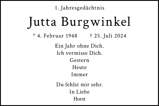Anzeige von Jutta Burgwinkel von Kölner Stadt-Anzeiger / Kölnische Rundschau / Express